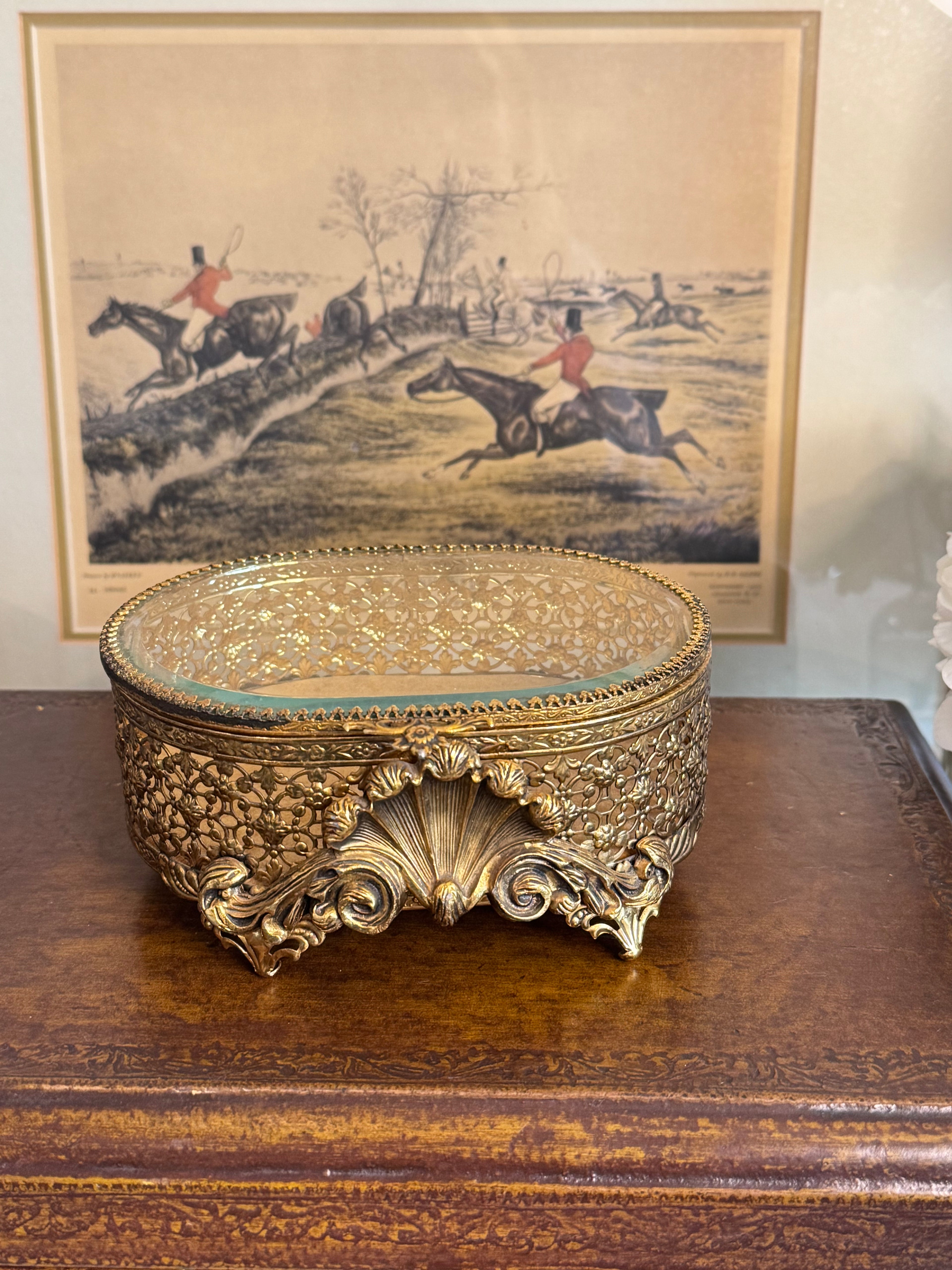 Vintage Ornate Gold Filigree Glass Jewelry Box