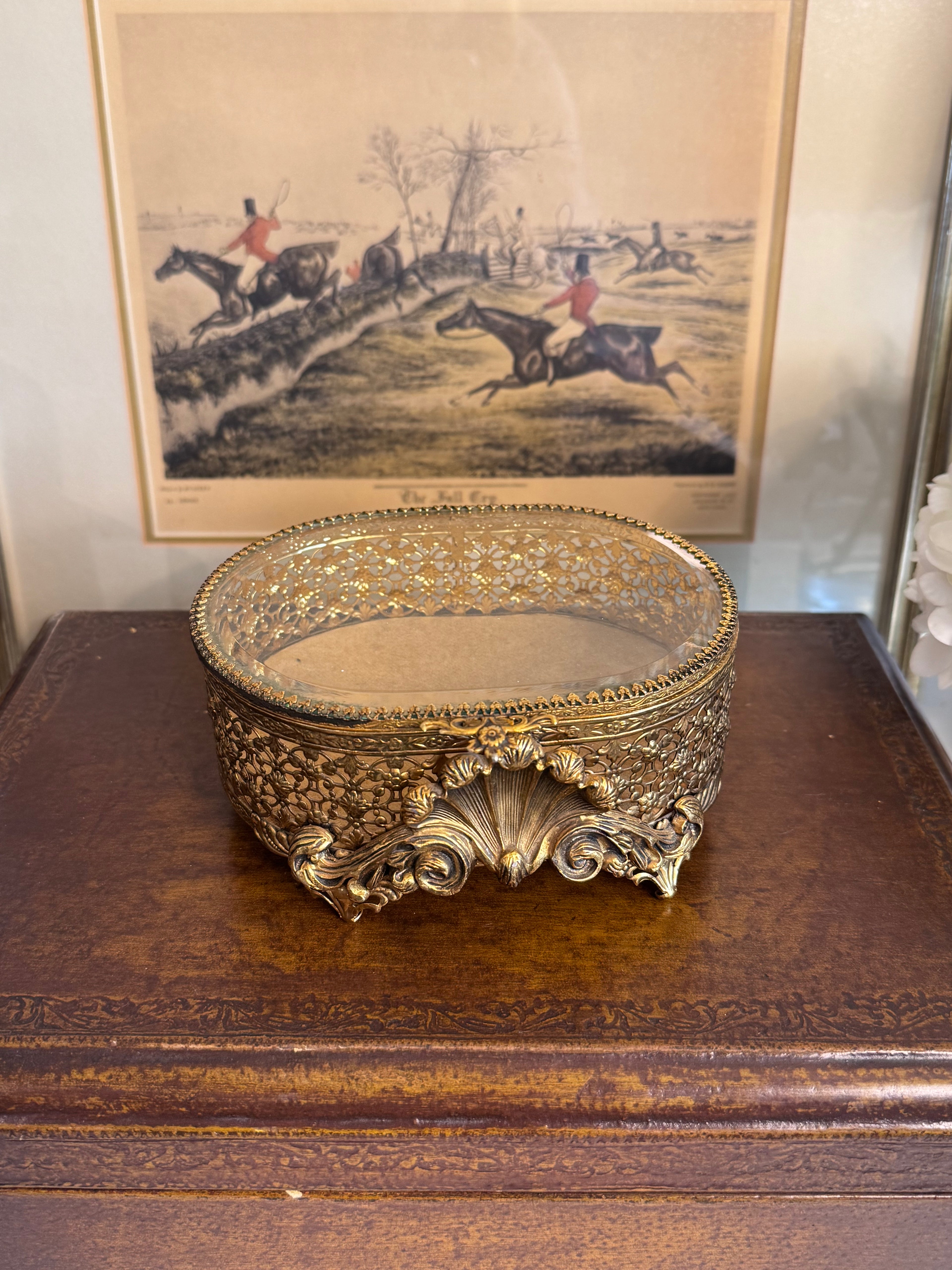 Vintage Ornate Gold Filigree Glass Jewelry Box