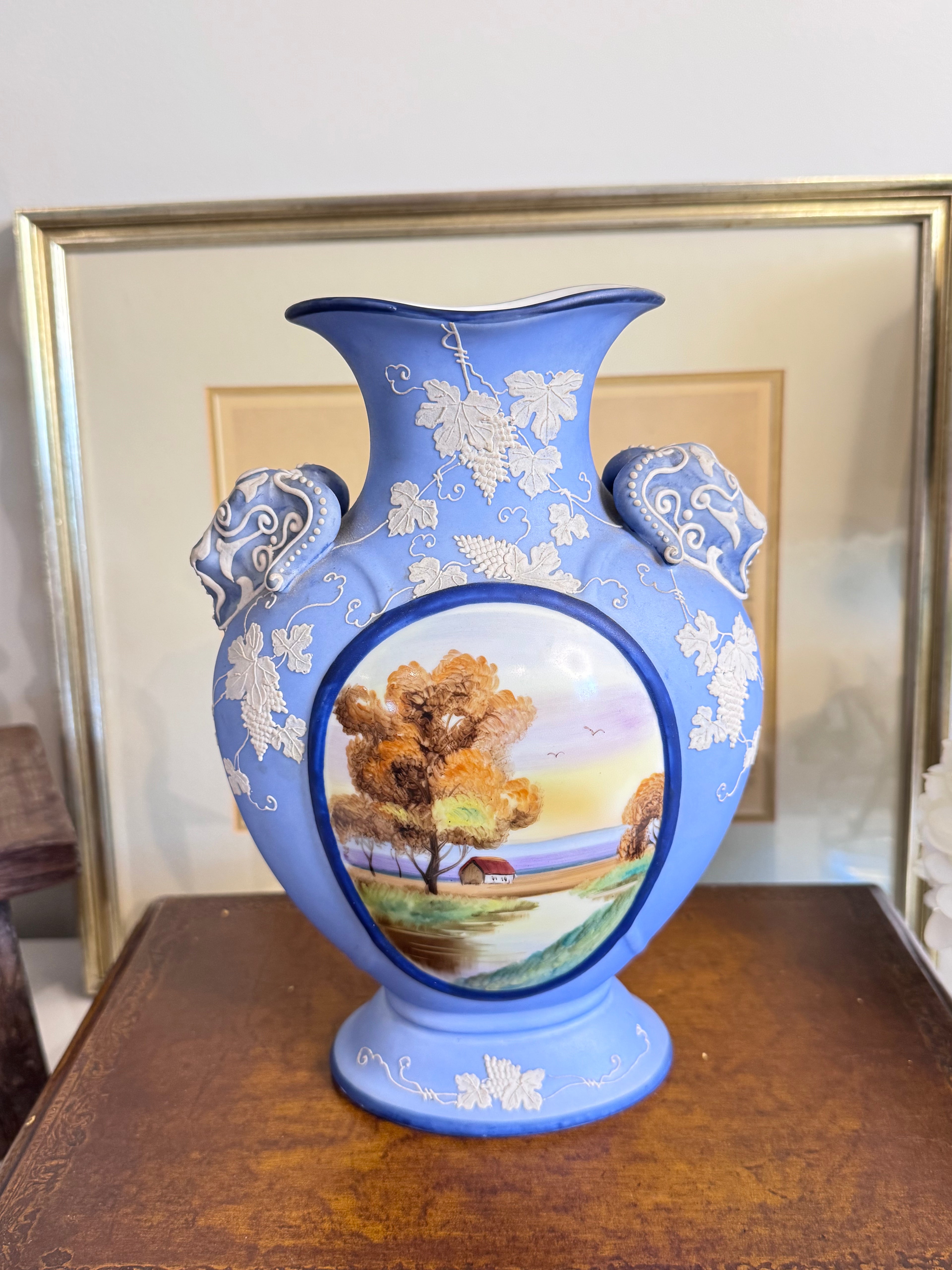 Antique Nippon Matte Blue Hand Painted Vase