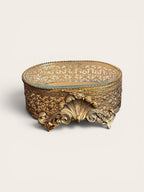 Vintage Ornate Gold Filigree Glass Jewelry Box