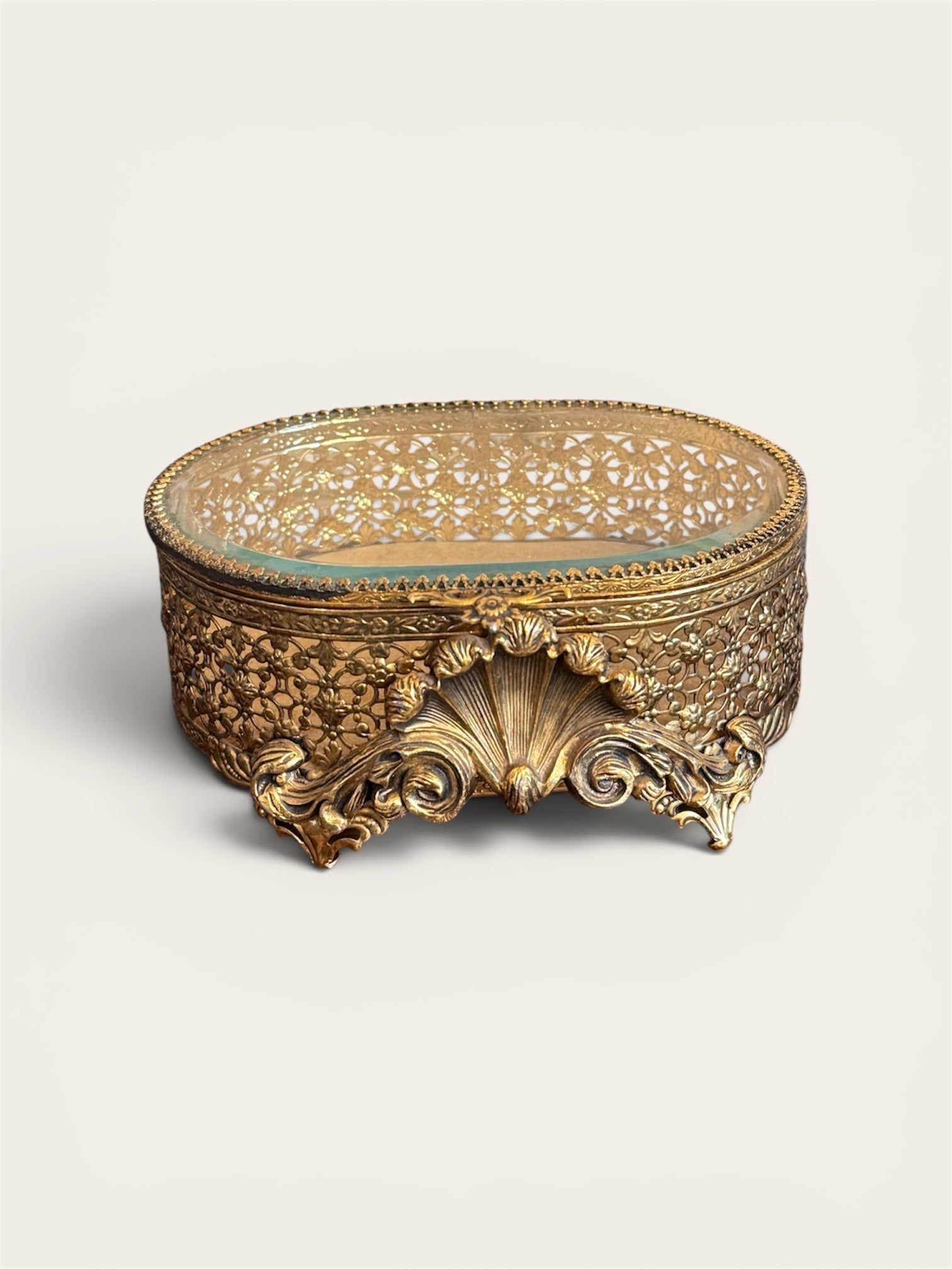 Vintage Ornate Gold Filigree Glass Jewelry Box