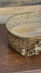 Vintage Ornate Gold Filigree Glass Jewelry Box
