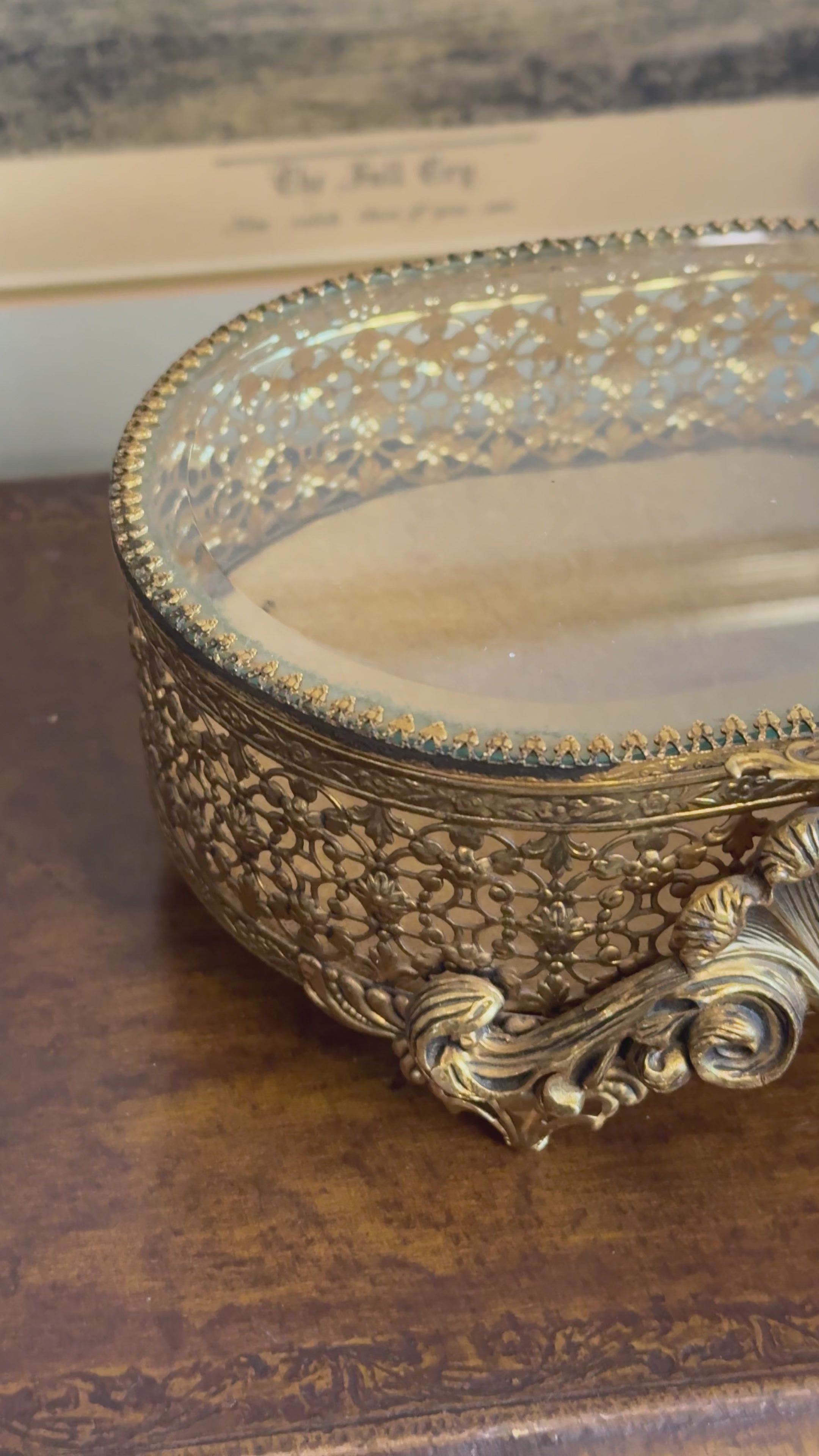 Vintage Ornate Gold Filigree Glass Jewelry Box