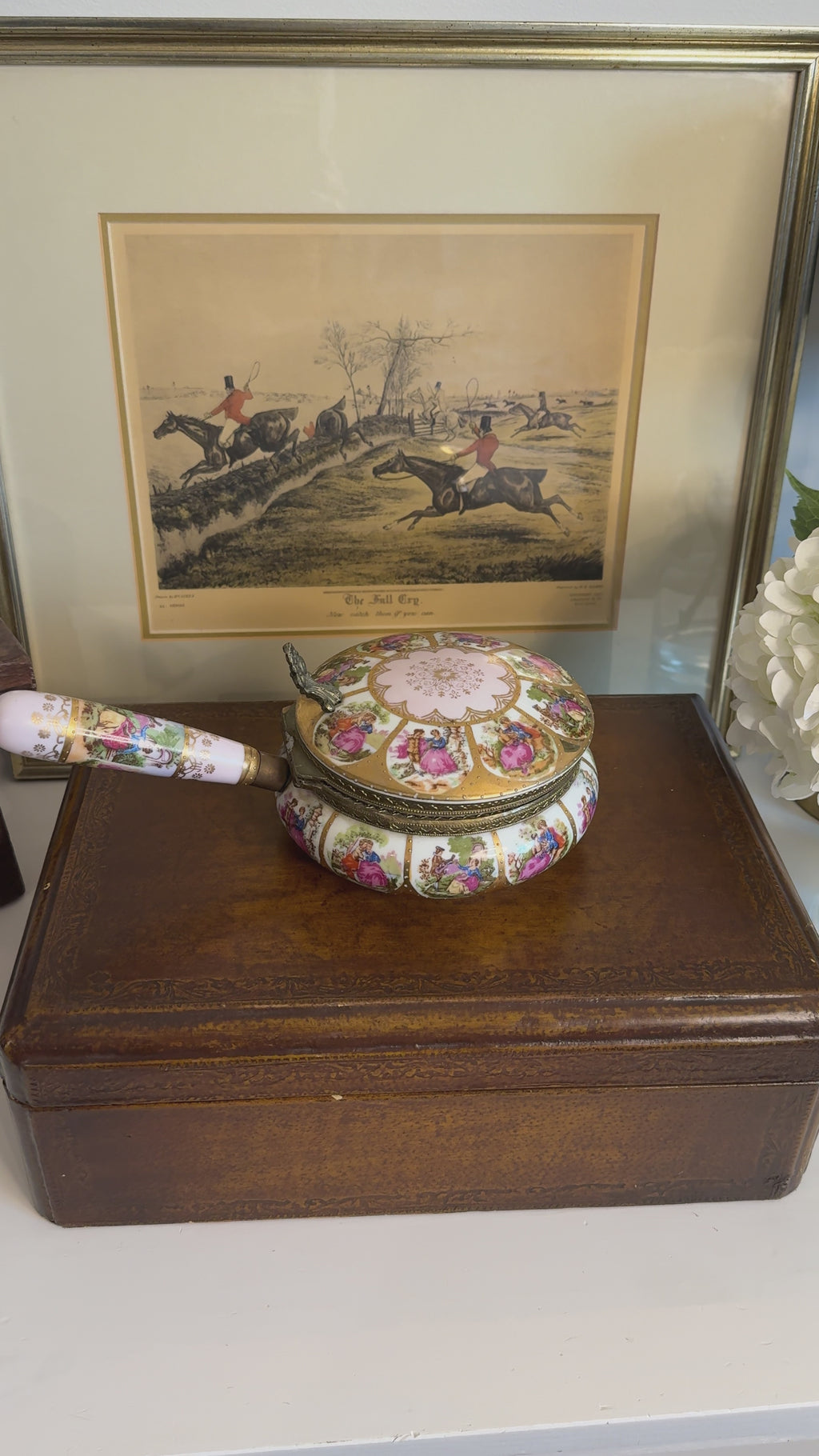 Vintage Porcelain Romantic Scene Handled Dresser Box