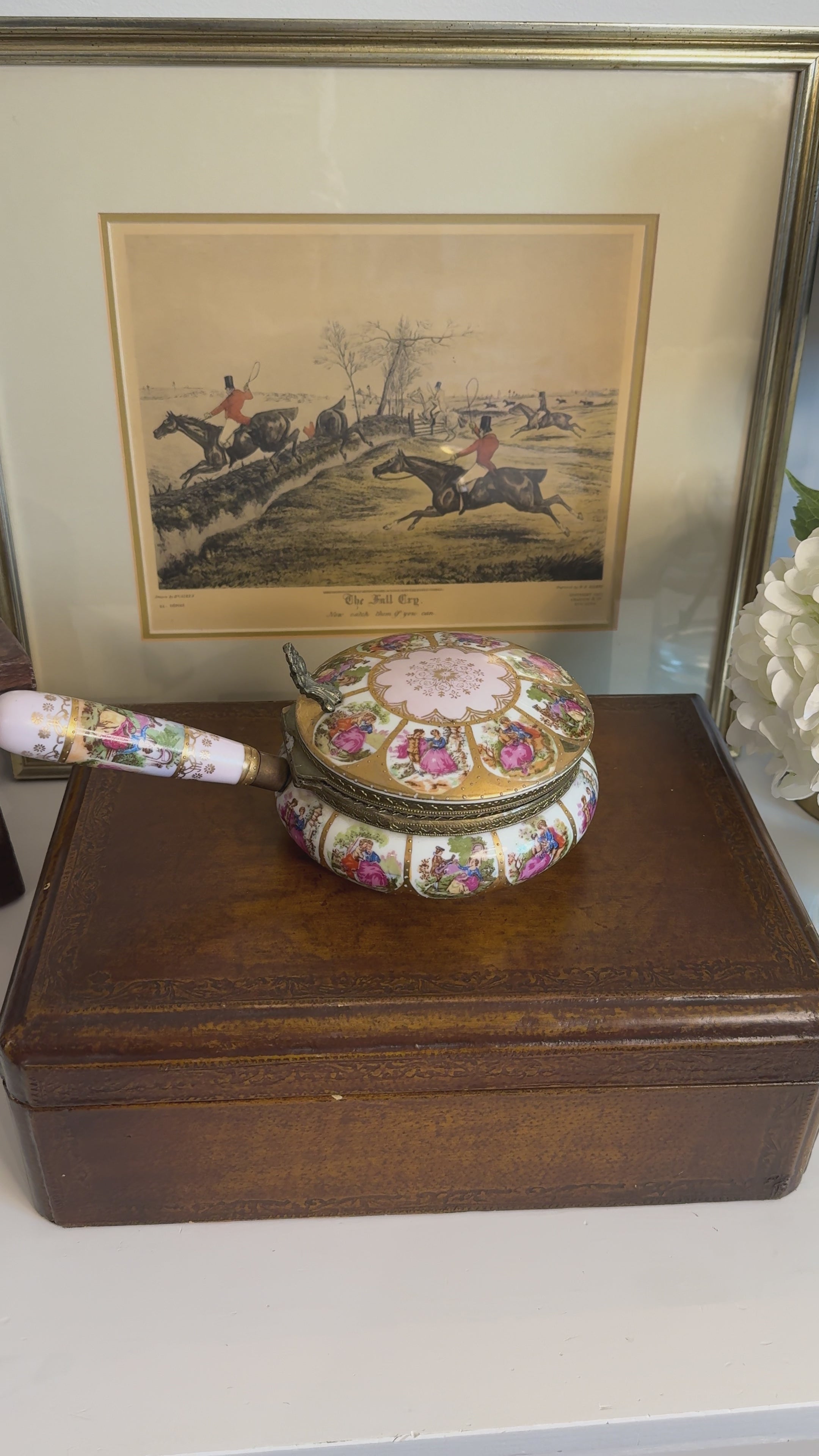 Vintage Porcelain Romantic Scene Handled Dresser Box